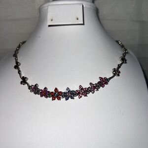 VCLM‎ Gold Toned Floral Rhinestone Necklace 15-19" Multicolor